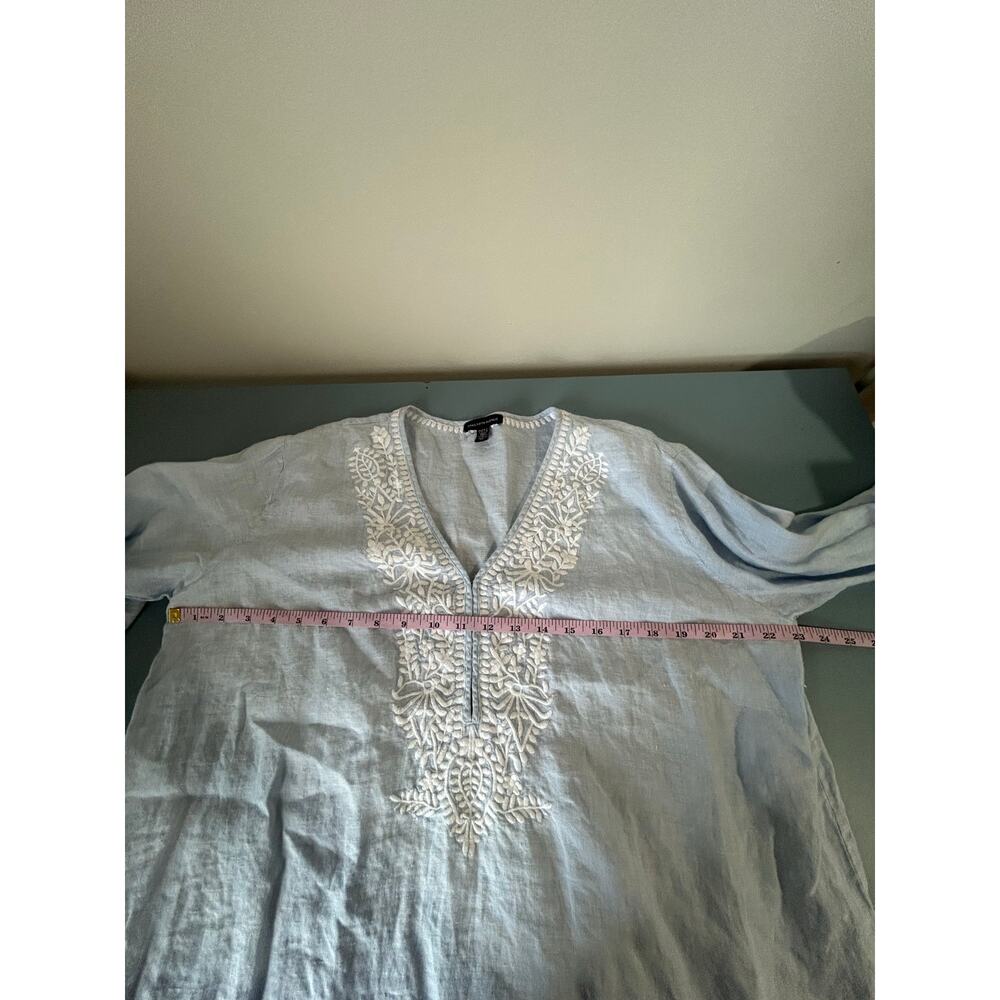 Saks FIfth Avenue linen top size L blue embroidery tunic boho nautical resort - Picture 7 of 8
